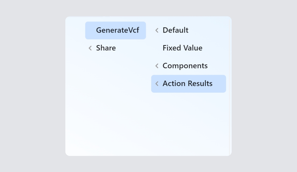 Share aksiyonuna değer olarak GenerateVcf aksiyonundan dönen değeri bağlama ekran görüntüsü