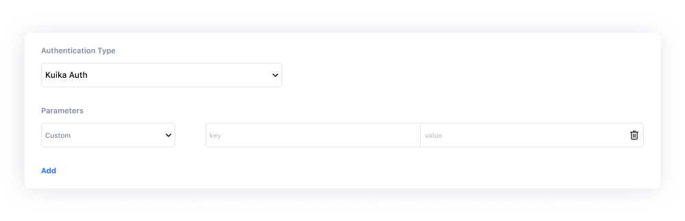 Rest Swagger API Authentication Türü olarak Kuika Auth seçimi ekranı